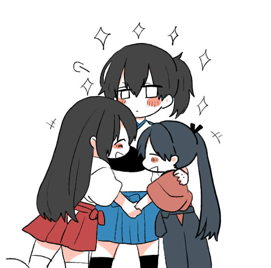 3girls, akagi_(kantai_collection), black_hair, black_legwear, blue_hair, blush, commentary_request, hair_ribbon