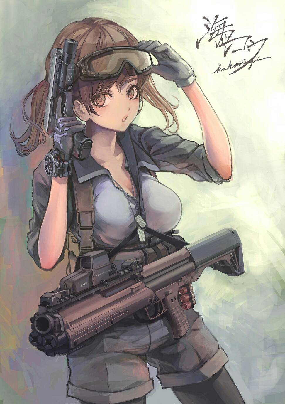 1girl, artist_name, black_legwear, breasts, brown_eyes, brown_hair, cleavage, dog_tags, eotech, flashlight, gloves, goggles, goggles_on_head, gun, handgun, highres, kel-tec_ksg, koh_(minagi_kou), load_bearing_vest, open_mouth, original, shorts, shotgun, shotgun_shells, thigh-highs, trigger_discipline, twintails, watch, weapon, weapon_request