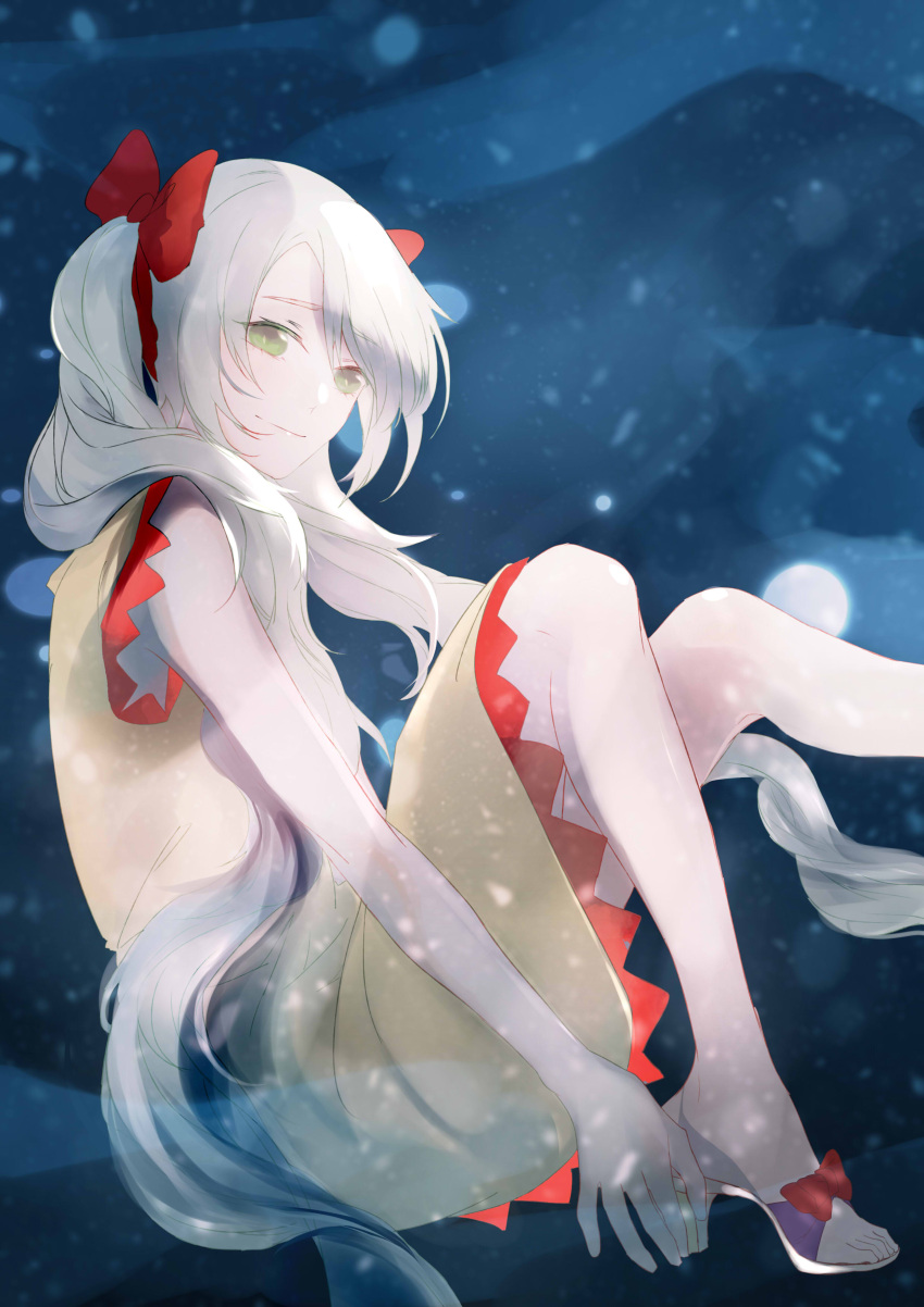 1girl, absurdres, blue_background, bow, dress, fetal_position, green_eyes, green_hair