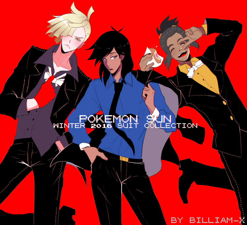3boys, black_hair, blonde_hair, blue_eyes, bow, bowtie, contrapposto, copyright_name