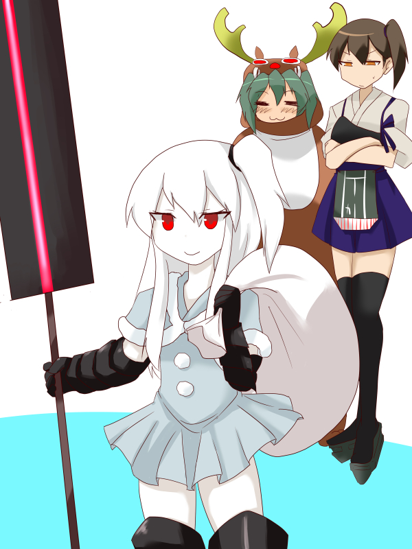 aircraft_carrier_hime, animal_costume, hair_ribbon, hakama_skirt, japanese_clothes, kaga_(kantai_collection), kantai_collection, multiple_girls