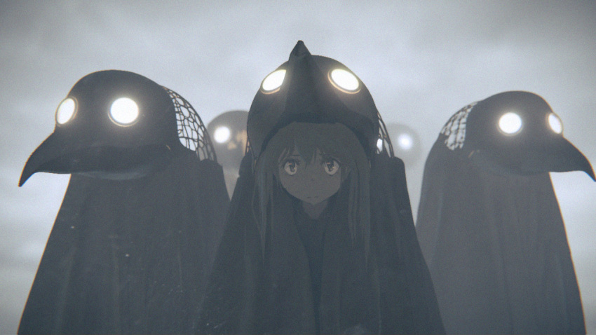 1girl, :/, backlighting, bangs, brown_eyes, brown_hair, cape, cloak, fog, glowing, glowing_eyes, hair_between_eyes, long_hair, looking_at_viewer, mask, mask_on_head, mask_removed, monster, mozuya_(hisai), original, plague_doctor, plague_doctor_mask, solo_focus, standing, surreal, worried