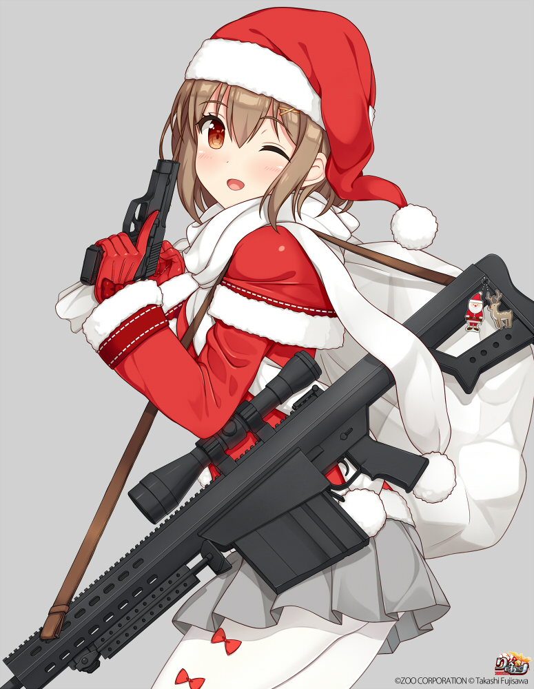 1girl, ;d, anti-materiel_rifle, bangs, barrett_m82, blush, bow, brown_eyes, brown_hair, capelet, christmas, copyright_name, eyebrows_visible_through_hair, from_side, fur_trim, gloves, grey_background, grey_skirt, gun, hair_between_eyes, hair_ornament, handgun, hands_up, hat, logo, long_sleeves, looking_at_viewer, military, one_eye_closed, open_mouth, pantyhose, pistol, pleated_skirt, pointing, pointing_up, red_bow, red_gloves, rick_g_earth, rifle, sack, santa_costume, santa_hat, scarf, short_hair, shuuichi, sig_sauer_p220, skirt, sling, smile, sniper_rifle, solo, thighs, trigger_discipline, watermark, weapon, white_legwear, white_scarf, x_hair_ornament