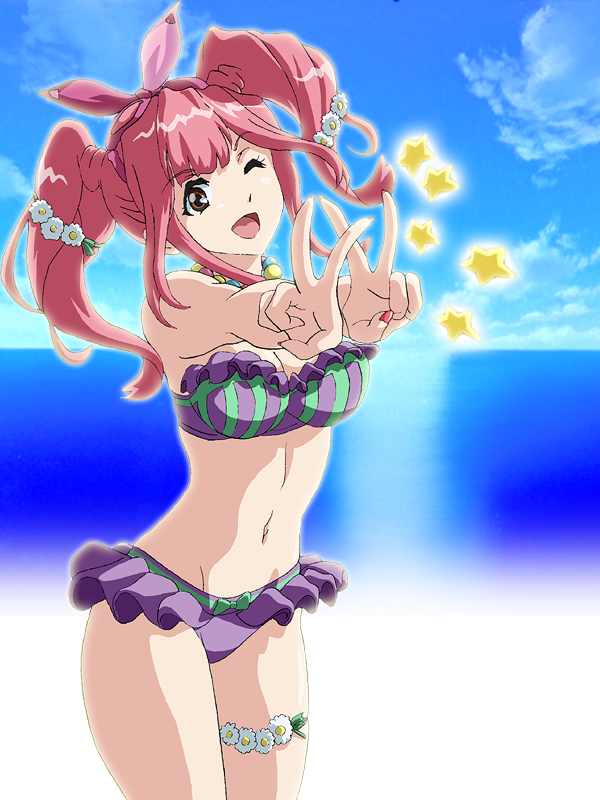 1girl, bikini, bow, breasts, brown_eyes, flower, frilled_bikini, frills
