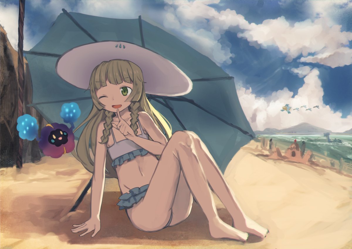 1girl, beach, bikini, blonde_hair, braid, clouds, cosmog, day