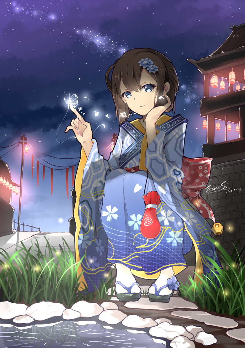 1girl, black_hair, blue_eyes, butterfly, chin_rest, einess, festival, fireflies