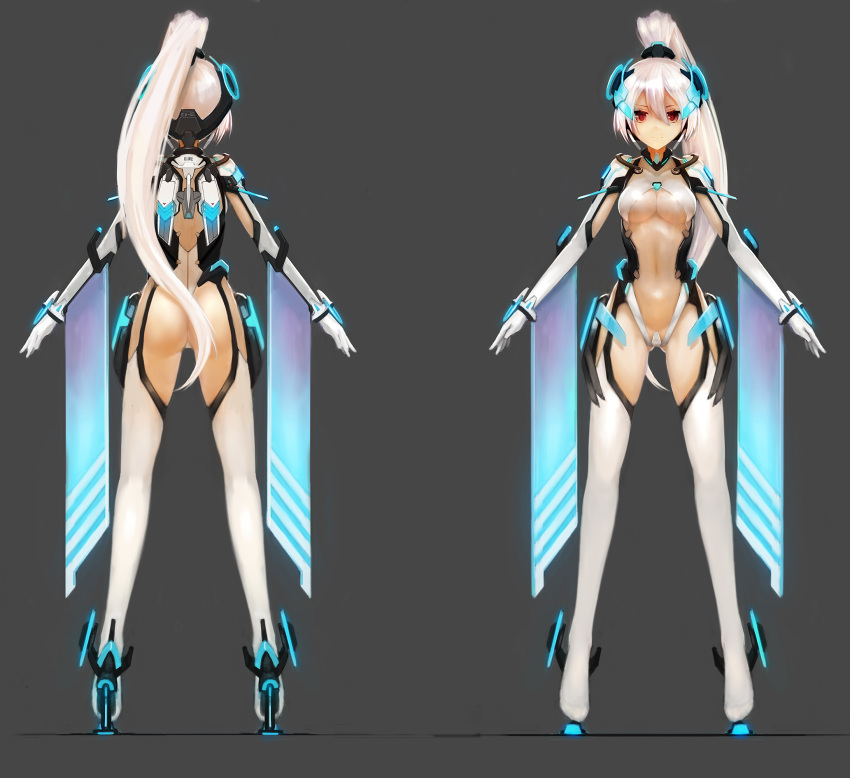 1girl, ass, bodysuit, breasts, center_opening, character_sheet, female, full_body