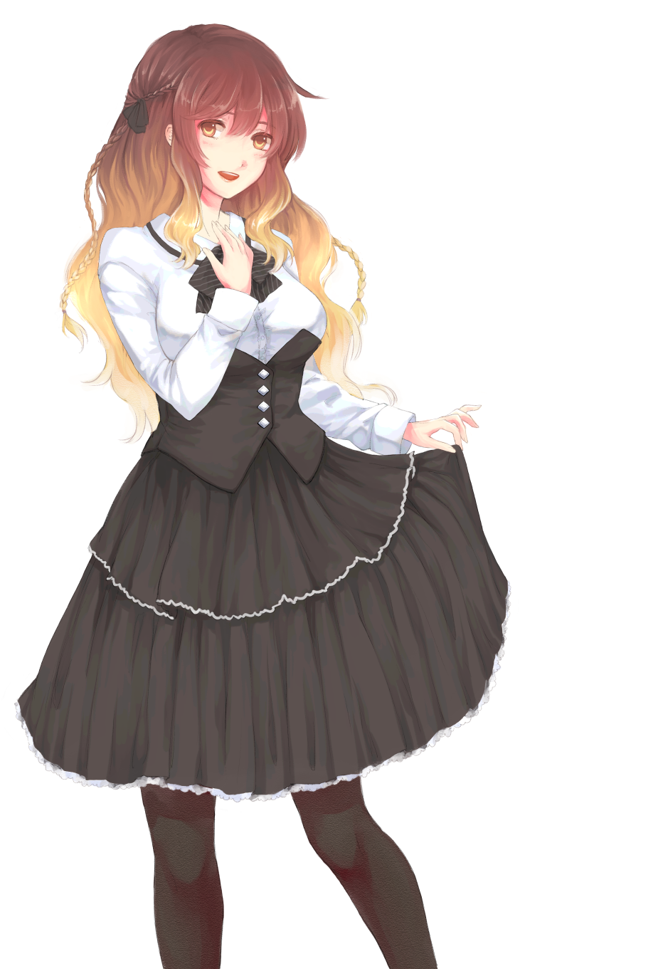 1girl, alternate_costume, black_bow, black_legwear, black_ribbon, black_skirt, blonde_hair, blush