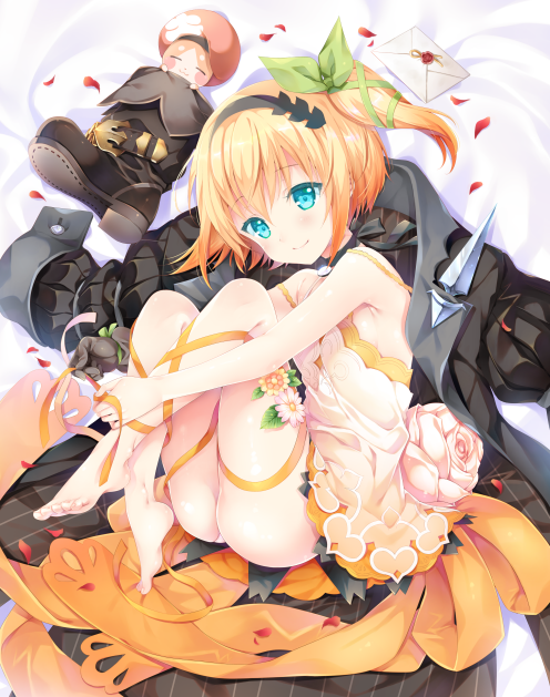 1girl, bare_legs, barefoot, blonde_hair, blue_eyes, blush, boots_removed, choker
