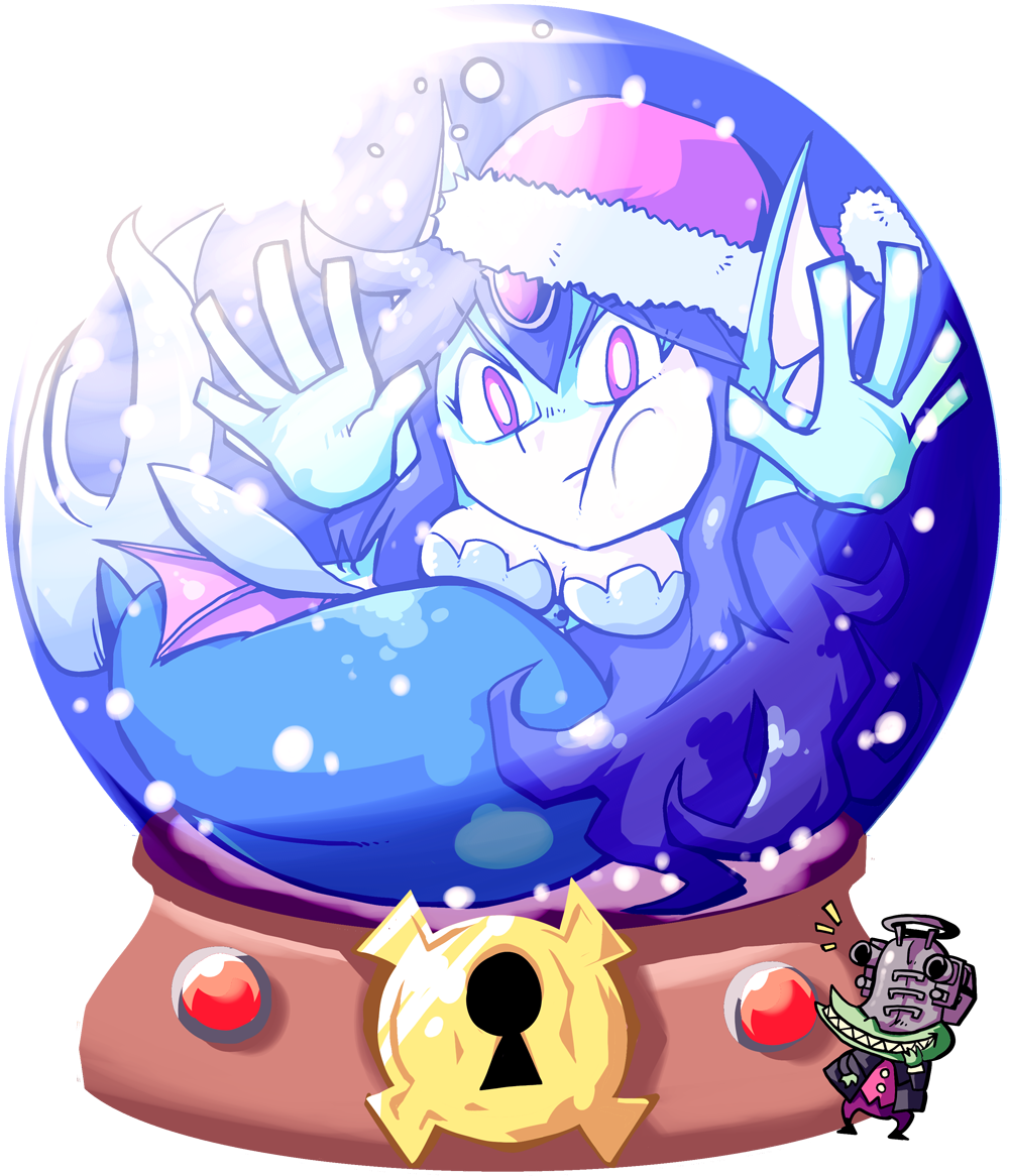 1boy, 1girl, character_request, face_on_glass, giga_mermaid, hands_on_glass, hat, keyhole, santa_hat, setz, shantae, shantae_(series), snow_globe