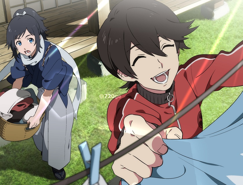 1672, 2boys, ^_^, black_hair, blue_eyes, closed_eyes, clothesline, hakama