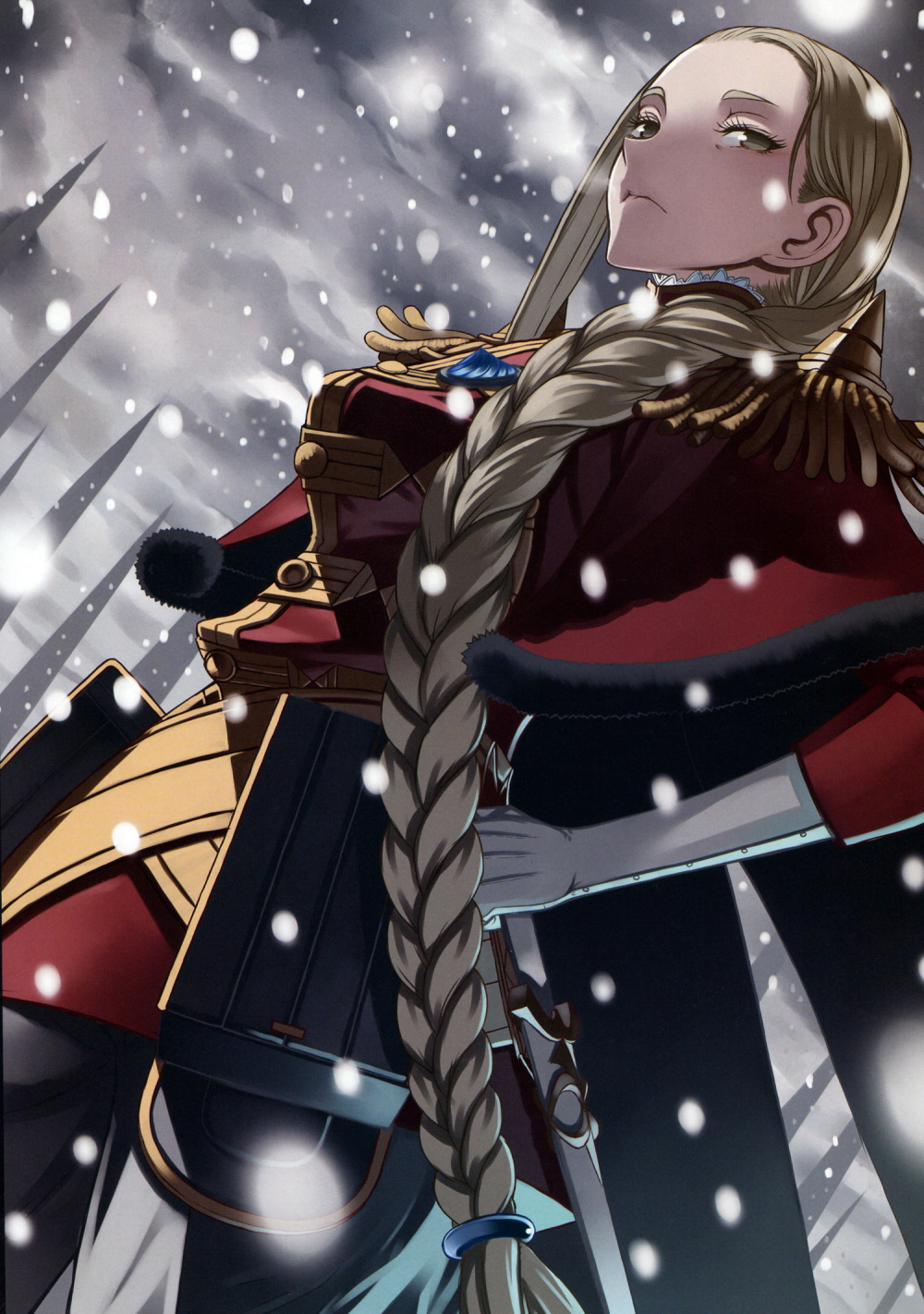 1girl, audrey_gassenarl, braid, brown_eyes, brown_hair, gloves, hand_on_hip, highres