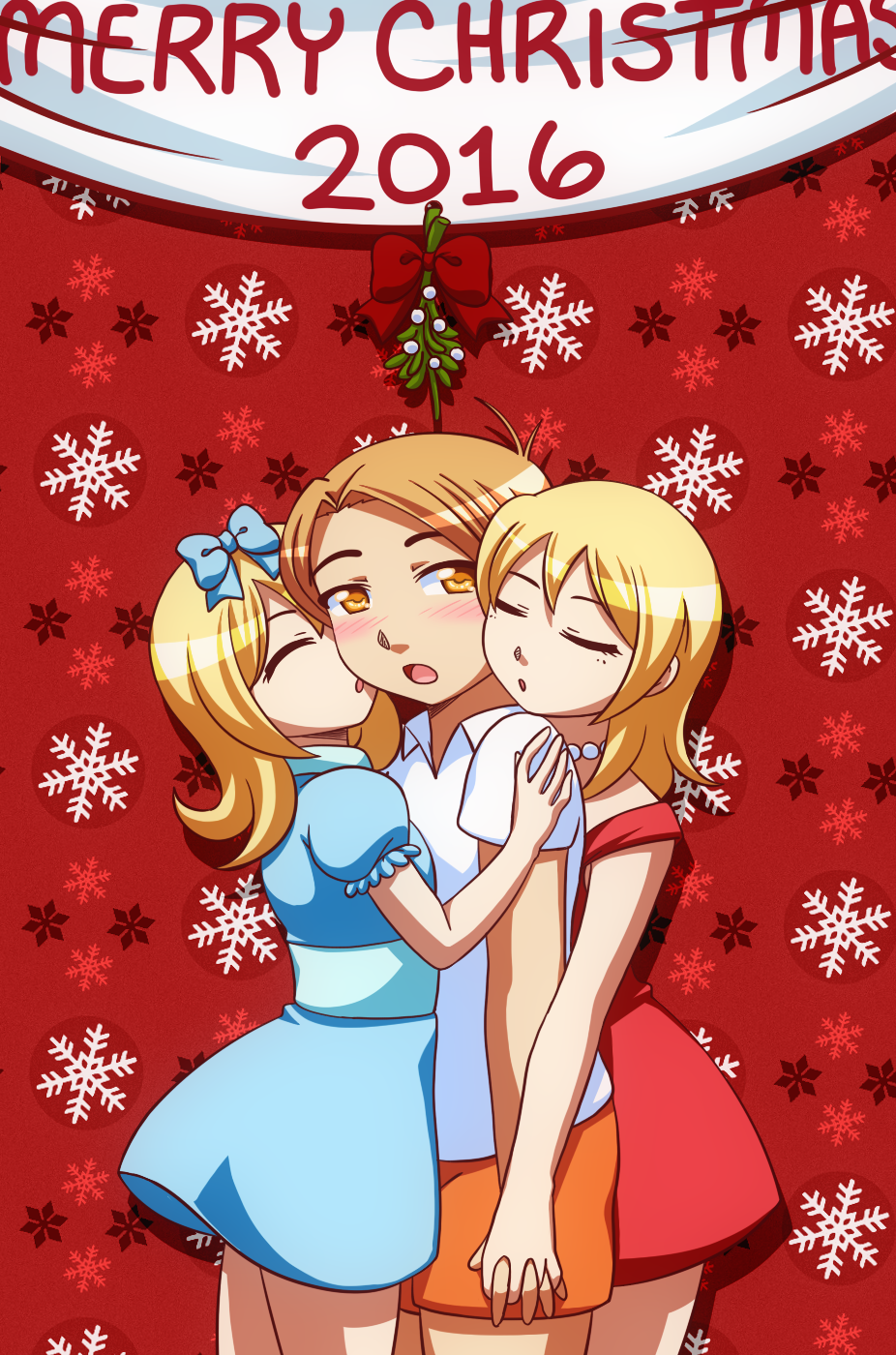 2girls, blonde_hair, boy, dress, girl, hug_from_behind, kiss, lisa_simpson