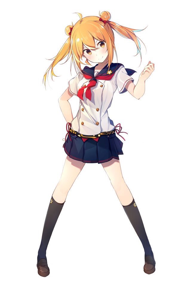 >:), 1girl, bangs, black_legwear, blonde_hair, blue_skirt, blush, brown_eyes