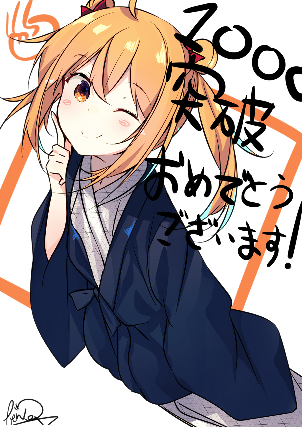 1girl, ;), artist_name, bangs, double_bun, eyebrows_visible_through_hair, facial_mark, followers