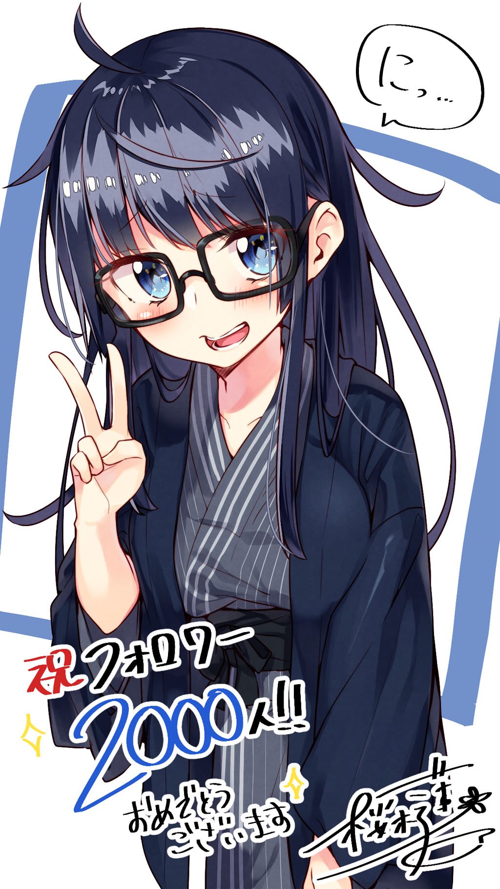 1girl, ahoge, artist_name, black-framed_eyewear, black_hair, blue_eyes, blush, breasts