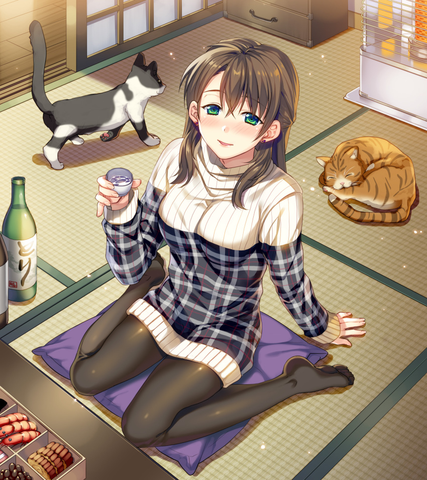 1girl, alcohol, animal, arm_support, bangs, beans, black_legwear, bottle