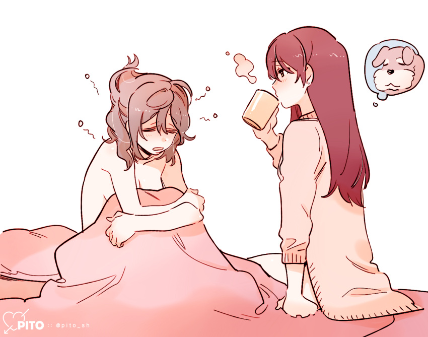 2girls, aftersex, artist_name, closed_eyes, commentary_request, cup, dog, drinking, grey_hair, imagining, long_hair, long_sleeves, love_live!, love_live!_sunshine!!, messy_hair, mug, multiple_girls, naked_sweater, nude, open_mouth, pillow, pito_(sh02327), redhead, sakurauchi_riko, simple_background, sitting, sleepy, steam, sweater, twitter_username, under_covers, watanabe_you, white_background, yuri