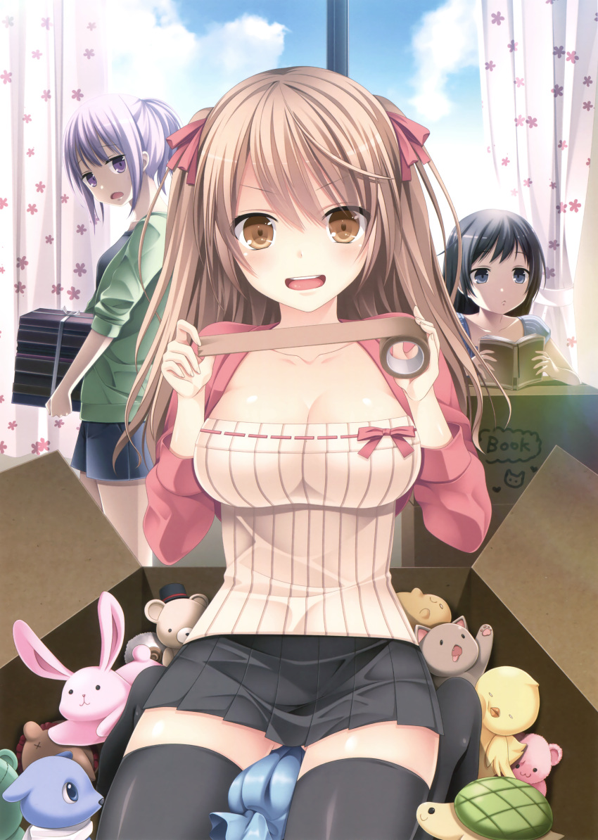 >:d, 3girls, :<, :d, absurdres, black_hair, black_hat, black_legwear