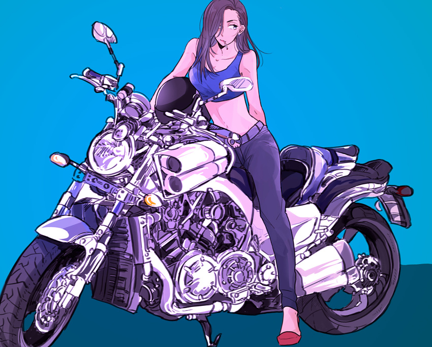 1girl, arm_behind_back, belt, blue_eyes, breasts, brown_hair, cigarette, cleavage