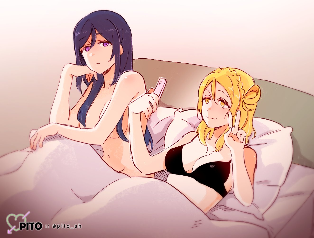 2girls, artist_name, bed, black_bra, blonde_hair, bra, braid, breasts