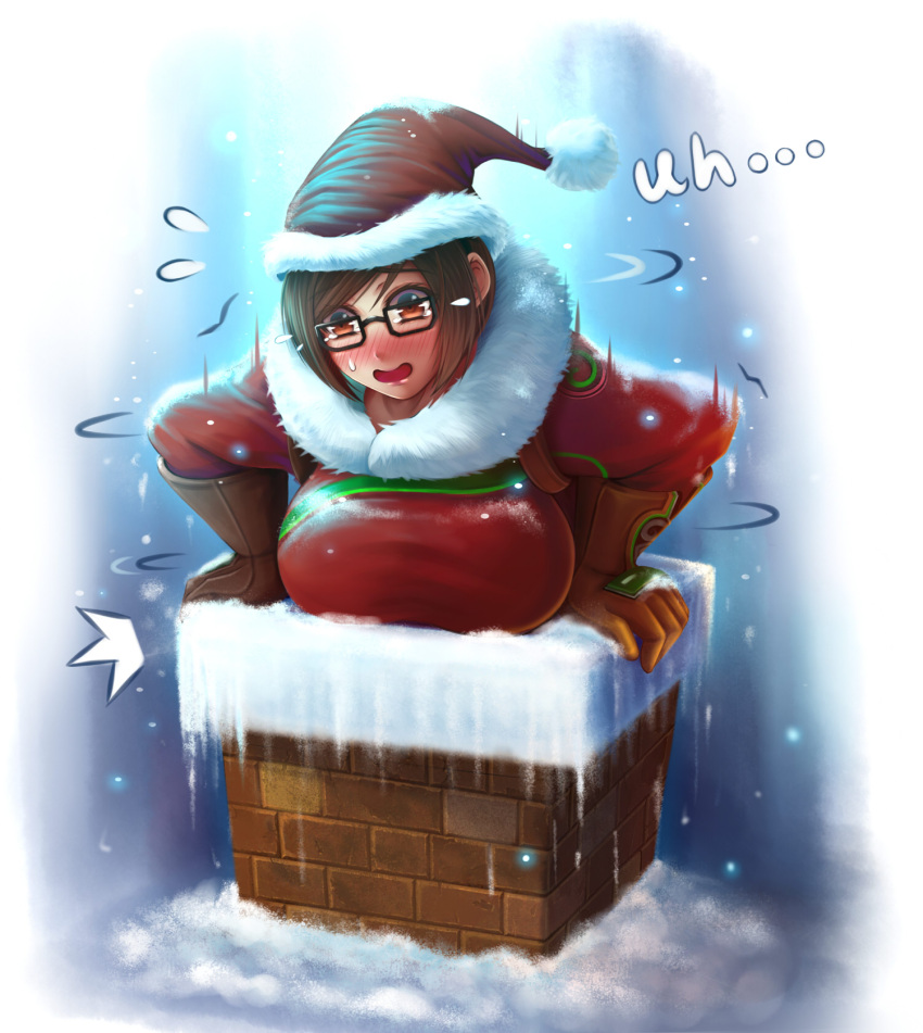 blush, breasts, chimney, english, hat, highres, inconvenient_breasts, large_breasts