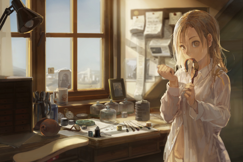 1girl, blurry, brown_eyes, burari, coffee_mug, commentary, cowboy_shot, depth_of_field