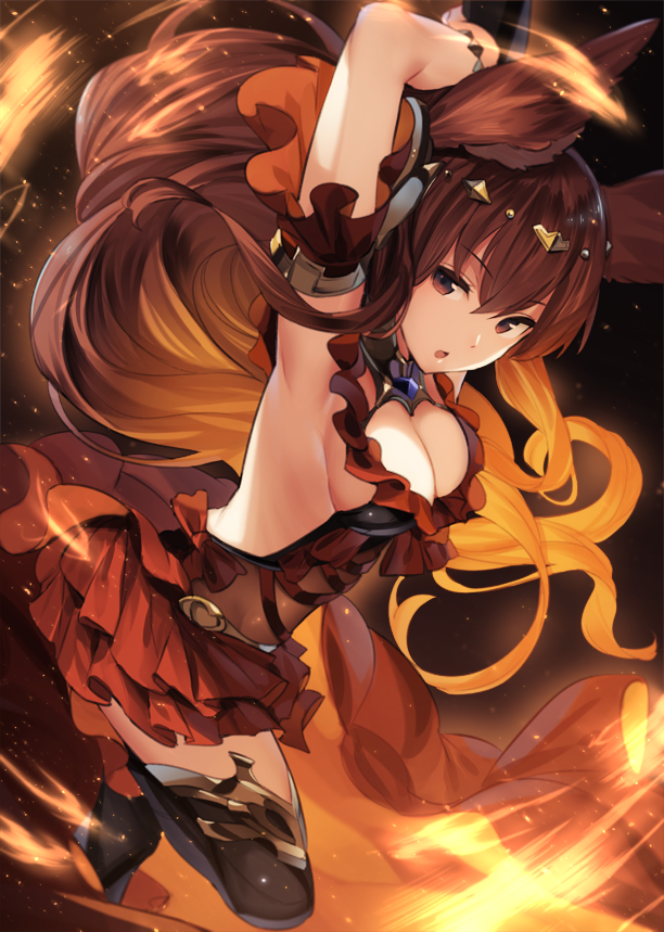 1girl, animal_ears, anthuria, armpits, bangs, breasts, cleavage, dress