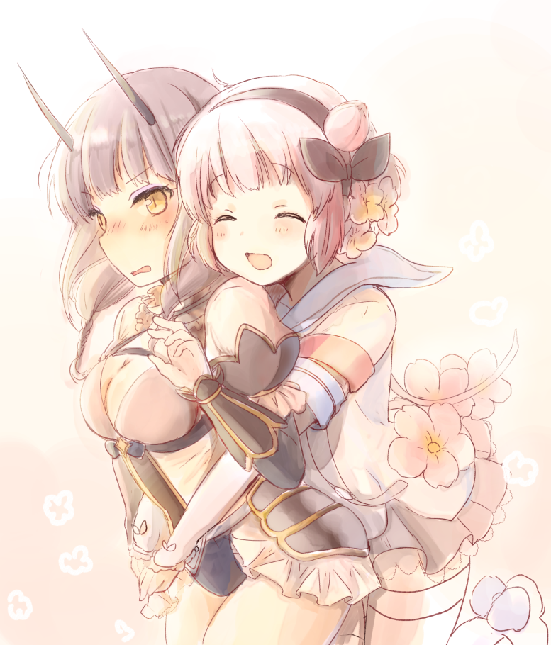 2girls, blush, breasts, brown_hair, cleavage, closed_eyes, flower, genderswap