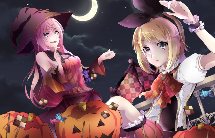 2girls, aqua_eyes, belt, beltskirt, biscuit, black_bow, blonde_hair, blue_eyes, bow, bracelet, candy, clouds, cloudy_sky, collar, cookie, crescent_moon, detached_collar, detached_sleeves, dutch_angle, food, frilled_collar, frilled_legwear, frills, hair_bow, halloween, halloween_costume, hand_on_own_chin, hand_up, hat, highres, jewelry, kagamine_rin, leaning_back, long_hair, megurine_luka, moon, multiple_girls, neck_ribbon, night, outstretched_hand, pink_hair, plaid, plaid_bow, plaid_skirt, pocky, pumpkin, pumpkin_pants, ribbon, short_hair, shorts, skirt, sky, star_(sky), starry_sky, vocaloid, witch_hat, yuken