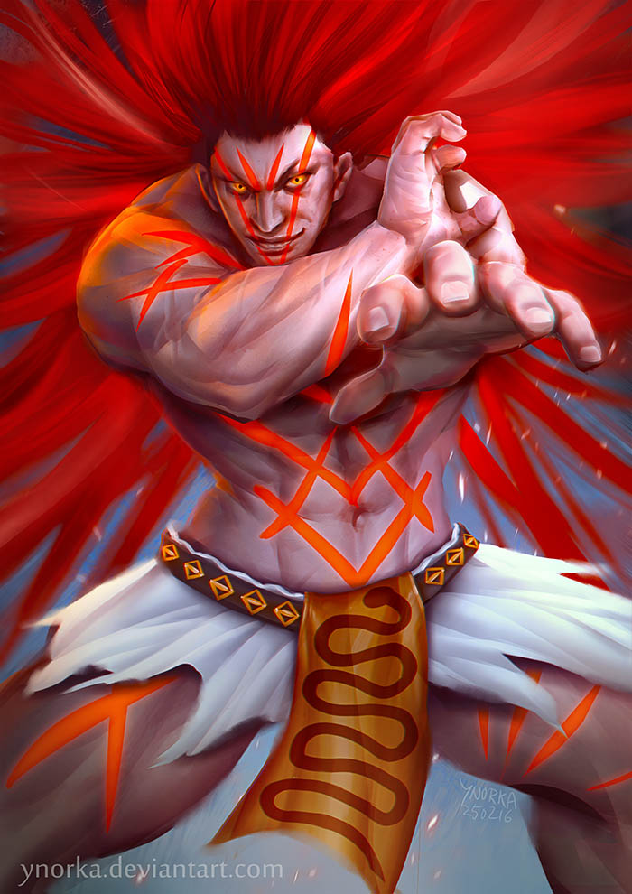 1boy, abs, belt, big_hair, evil_grin, evil_smile, full_body, grin