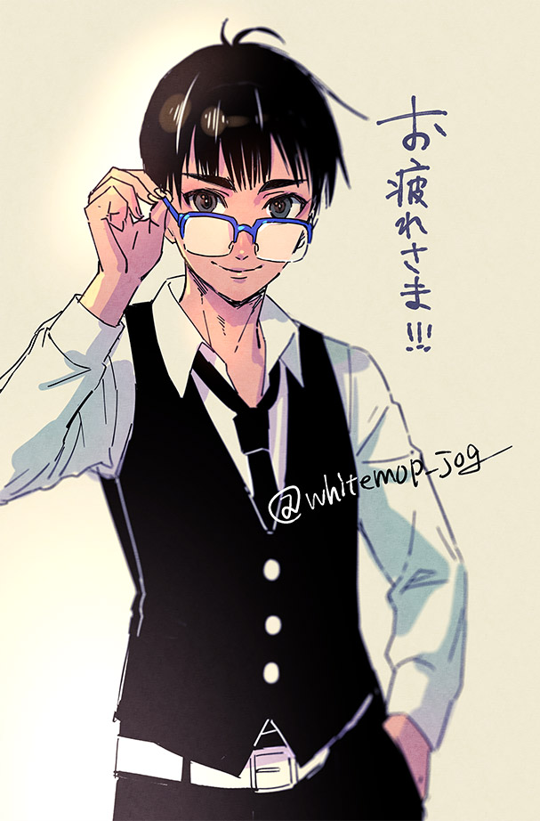 1boy, black_hair, blue-framed_eyewear, brown_eyes, glasses, hand_in_pocket, katsuki_yuuri, male_focus, necktie, smile, translation_request, waistcoat, whitemop_jog, yuri!!!_on_ice