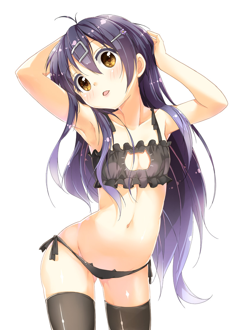 1girl, ahoge, arm_behind_head, bangs, black_legwear, blush, breasts, brown_eyes, cat_cutout, cat_ear_panties, cat_lingerie, cleavage, collarbone, cowboy_shot, gluteal_fold, hair_between_eyes, hair_ornament, hairclip, hand_in_hair, head_tilt, hips, ikinokore!_shachiku-chan, long_hair, navel, parted_lips, porurin_(do-desho), purple_hair, shiny, shiny_skin, simple_background, small_breasts, solo, takanashi_hiyori_(ikinokore!_shachiku-chan), thigh-highs, thighs, white_background