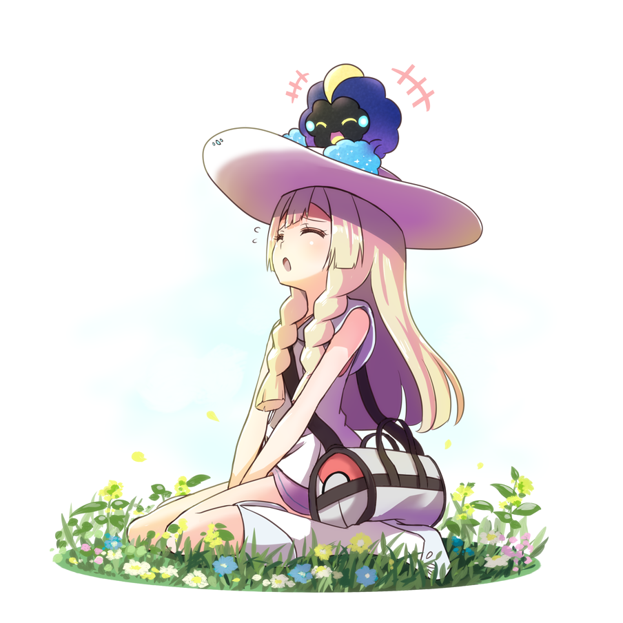 1girl, bag, bangs, bare_arms, blonde_hair, blunt_bangs, braid, closed_eyes, collared_dress, cosmog, dress, duffel_bag, flower, handbag, hat, kneehighs, legendary_pokemon, lillie_(pokemon), long_hair, on_head, poke_ball_theme, pokemon, pokemon_(creature), pokemon_(game), pokemon_sm, shikei_(jigglypuff), sleeveless, sleeveless_dress, solo, sun_hat, sundress, twin_braids, white_dress, white_hat, white_legwear