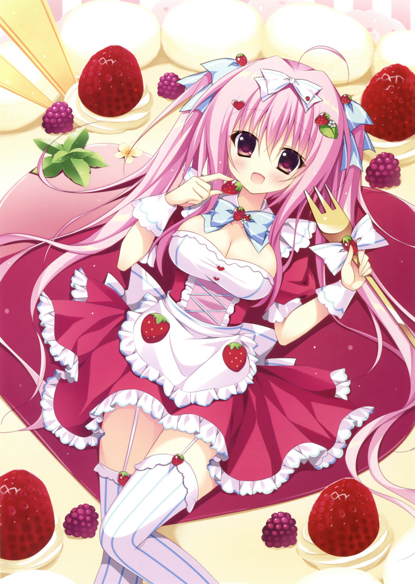1girl, absurdres, ahoge, apron, blue_ribbon, bow, bowtie, breasts