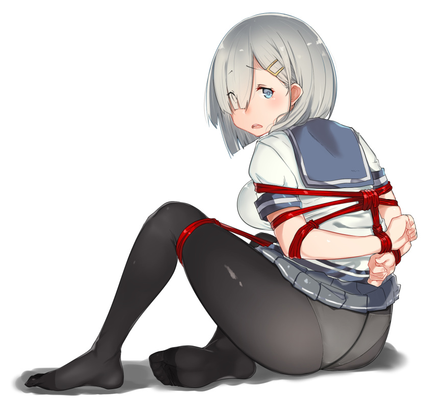 1girl, ass, bdsm, black_legwear, blue_eyes, blush, bondage, bound