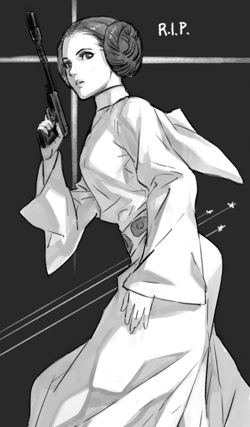 1girl, carrie_fisher, condensation_trail, double_bun, greyscale, gun, hair_bun, handgun