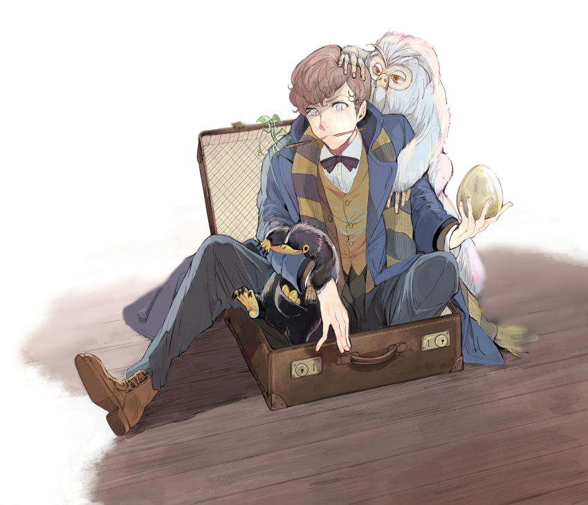 1boy, blue_eyes, boots, bow, bowtie, brown_hair, coat, coin
