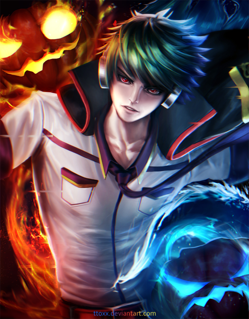 1boy, aqua_hair, artist_name, aura, headphones, jacket_on_shoulders, necktie, pumpkin, red_eyes, shun'ei, solo, teeth, the_king_of_fighters, the_king_of_fighters_xiv, toxicface