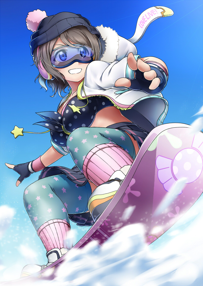 1girl, animal_hood, beanie, bikini_top, blue_eyes, boots, bunny_hood, coat