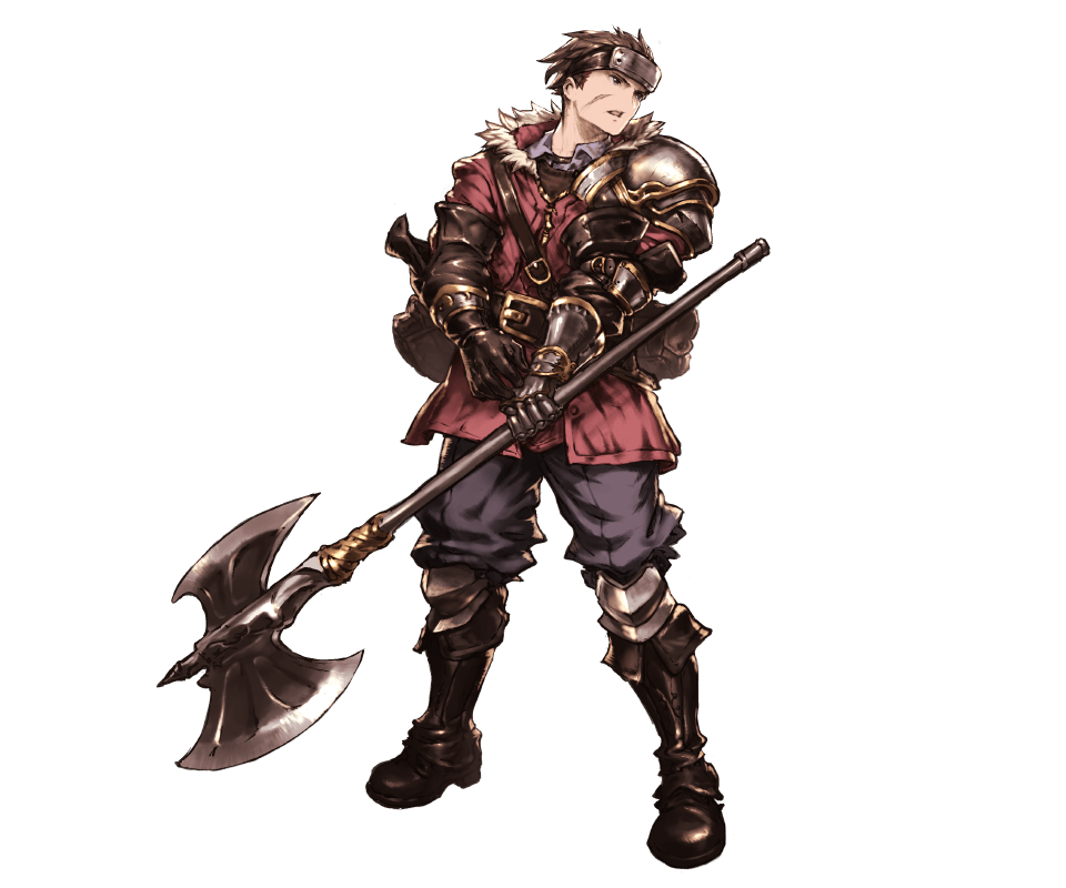 1boy, axe, belt, blue_eyes, boots, brown_hair, fur_trim, gloves