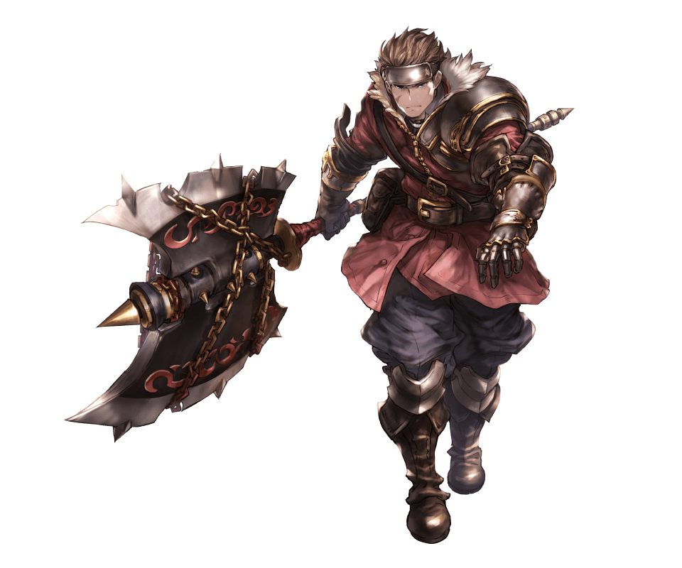 1boy, axe, belt, blue_eyes, boots, brown_hair, fur_trim, gloves