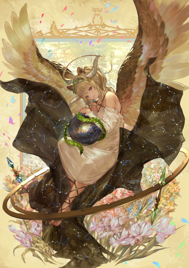 1girl, animal_ears, ankle_lace-up, ball, bangs, blonde_hair, cape, constellation