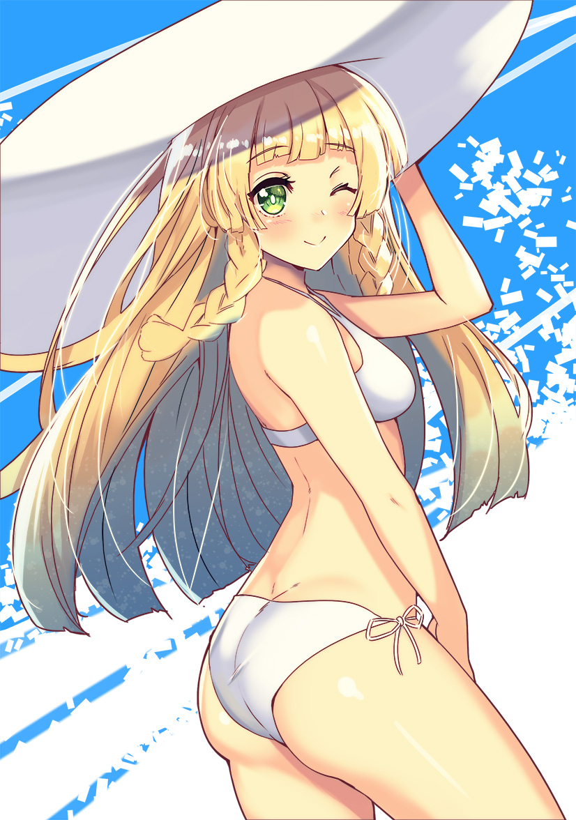 1girl, ;>, artist_request, ass, bangs, bare_shoulders, bikini, blunt_bangs, blush, braid, breasts, butt_crack, cropped_legs, eyebrows_visible_through_hair, from_side, hand_on_headwear, hat, lillie_(pokemon), long_hair, looking_at_viewer, nose_blush, one_eye_closed, pokemon, pokemon_(game), pokemon_sm, shiny, shiny_skin, smile, solo, swimsuit, thighs, twin_braids, white_bikini, white_hat