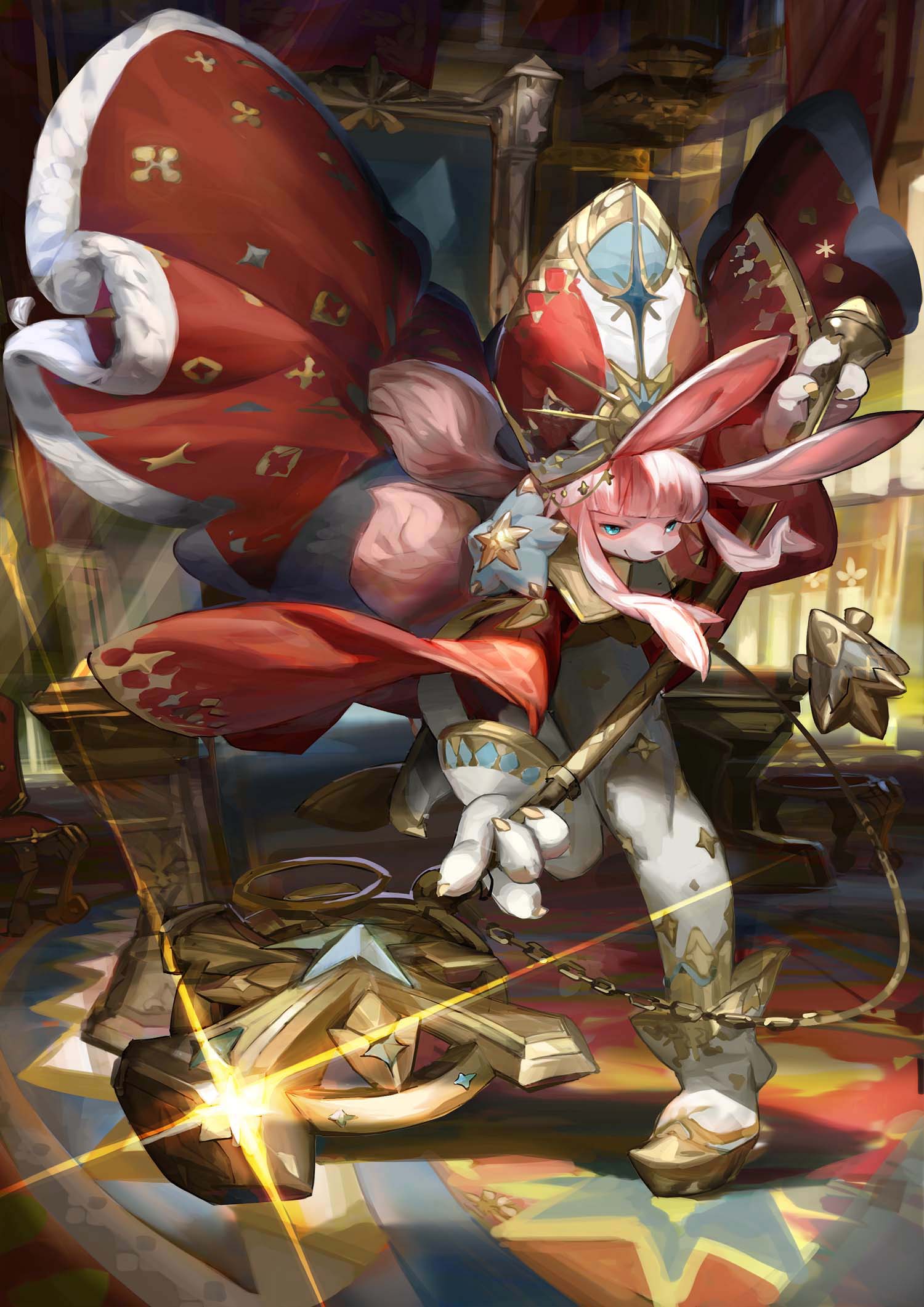 >:), animal_ears, bangs, blue_eyes, blunt_bangs, boots, chains, claws