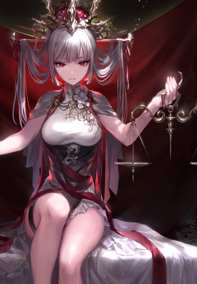 1girl, balance_scale, bangs, breasts, capelet, dress, expressionless, gown
