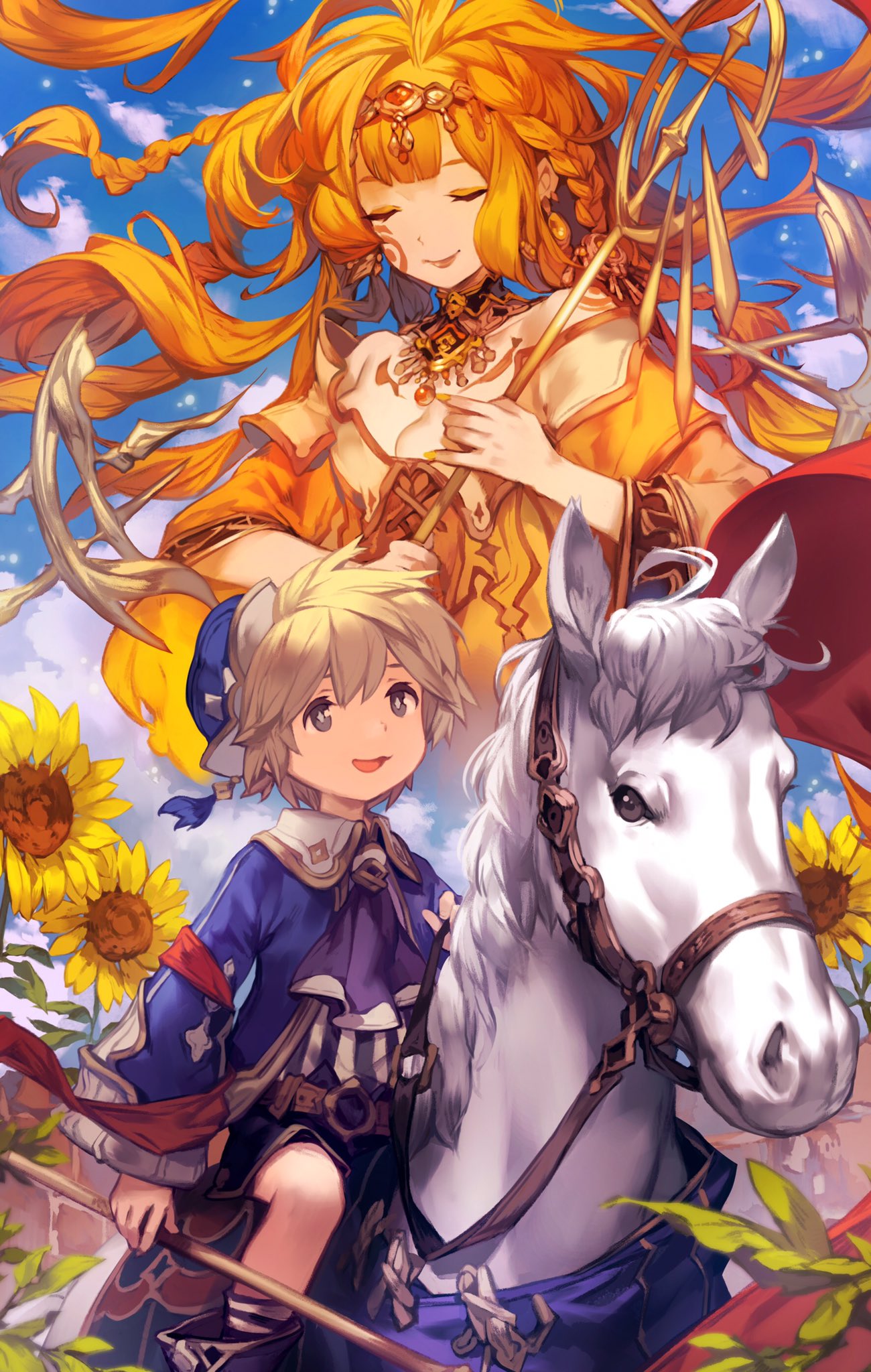 1boy, 1girl, :d, ascot, bangs, belt, blonde_hair, braid, bridle, circlet, closed_eyes, cross-laced_clothes, facial_mark, fading, flower, hat, highres, horse, horseback_riding, jewelry, lee_hyeseung, long_hair, long_sleeves, necklace, open_mouth, original, reins, riding, scepter, shorts, smile, staff, sunflower, tarot, the_sun, white_horse