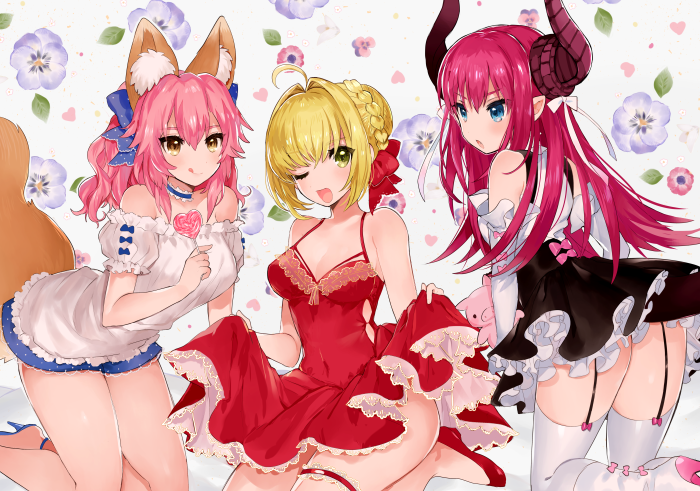 >:o, 3girls, :o, :q, ;d, ahoge, animal_ears, back