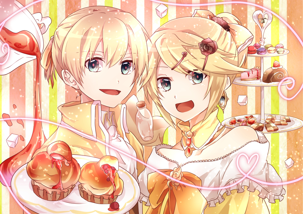 1boy, 1girl, aku_no_meshitsukai_(vocaloid), aku_no_musume_(vocaloid), bare_shoulders, biscuit, blonde_hair, blue_eyes