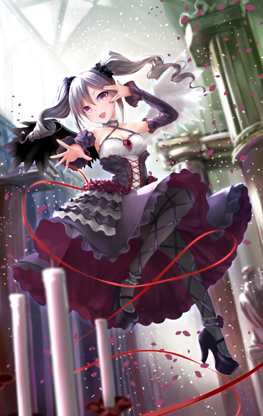 1girl, absurdres, angel_wings, asymmetrical_wings, black_legwear, breasts, cleavage, detached_sleeves